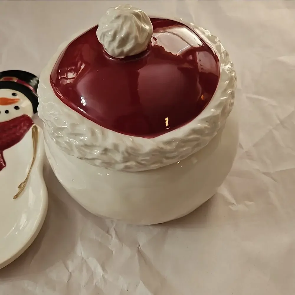 St. Nicholas Square Yuletide Ceramic Snowman Cookie Jar With Spoon Rest Set.